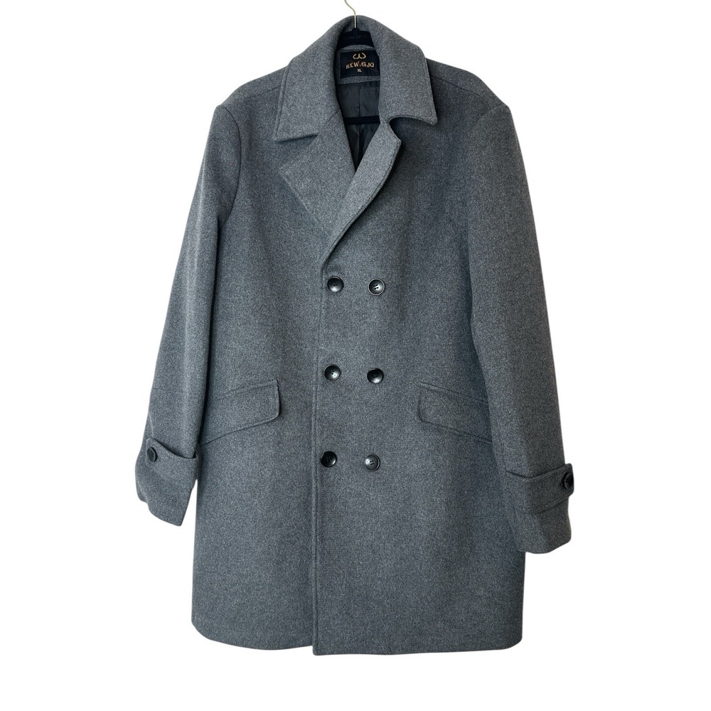 Hxw Gjq Pea Coat XL Gray Collared Pockets Wool Blend Career Outdoor Cozy